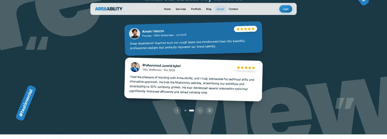 Five-star client reviews of AriseAbility on the About page