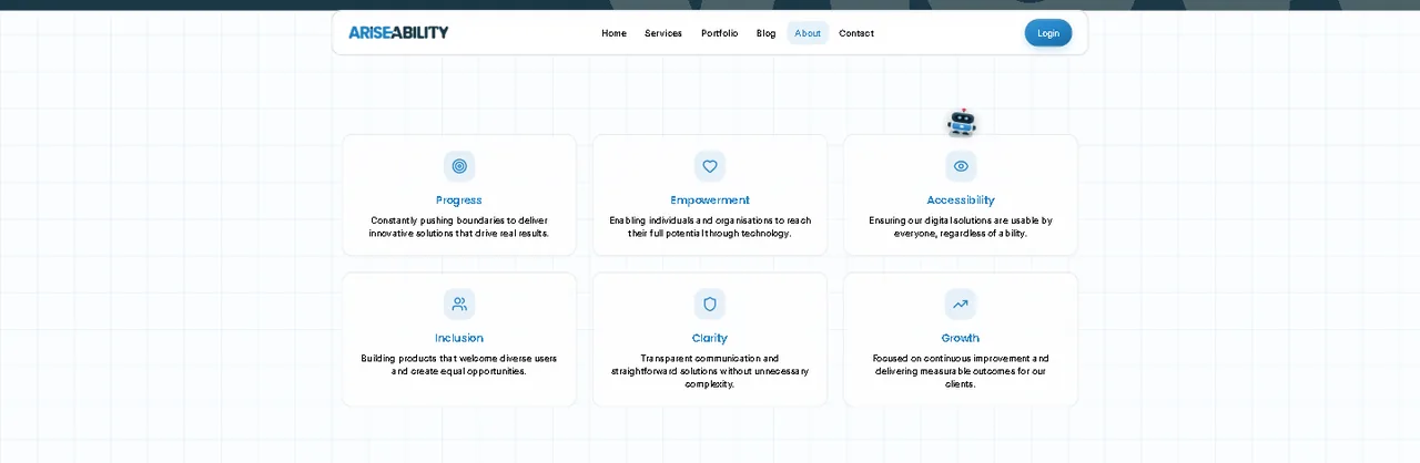 AriseAbility core values: progress, empowerment, accessibility, inclusion, clarity and growth