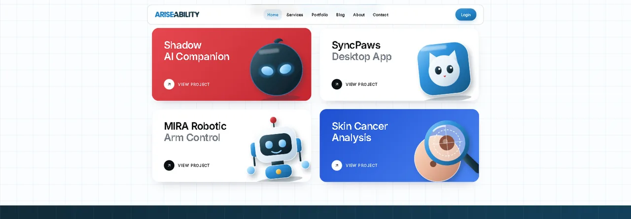Featured AriseAbility projects: Shadow AI Companion, SyncPaws, MIRA Robotic Arm Control and Skin Cancer Analysis