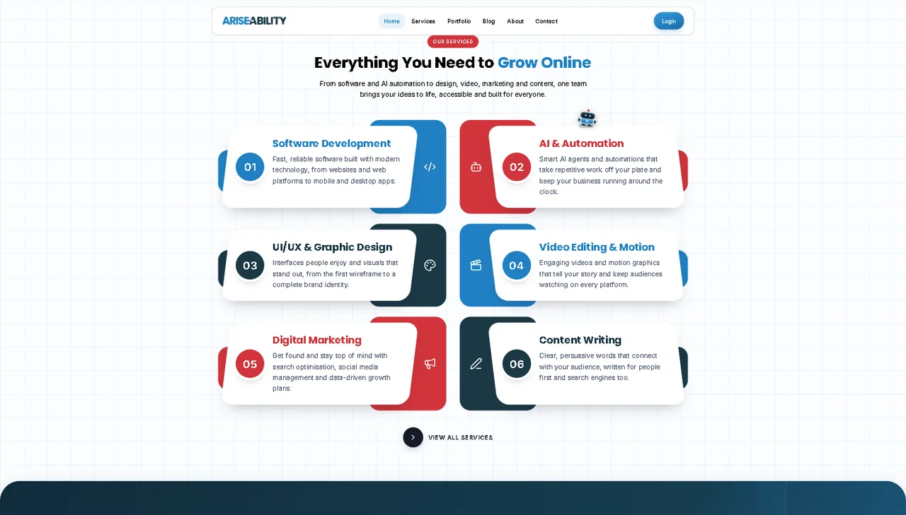 AriseAbility services: software development, AI and automation, UI/UX and graphic design, video editing, digital marketing and content writing
