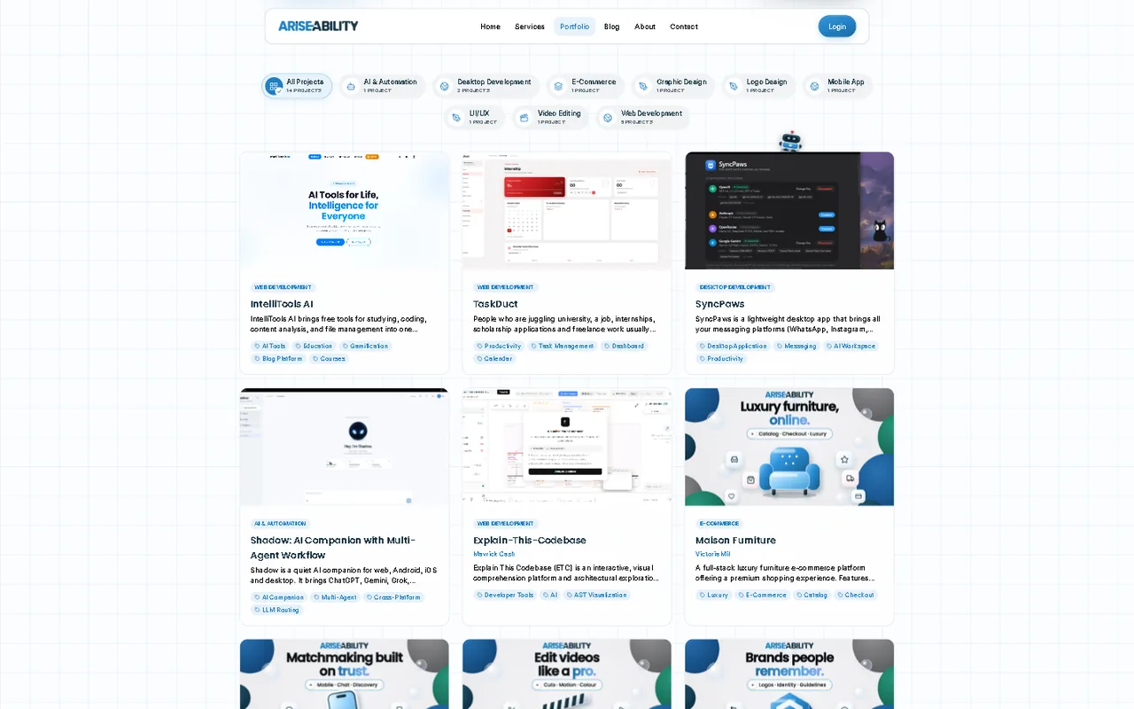 The AriseAbility portfolio page with project cards and category filters