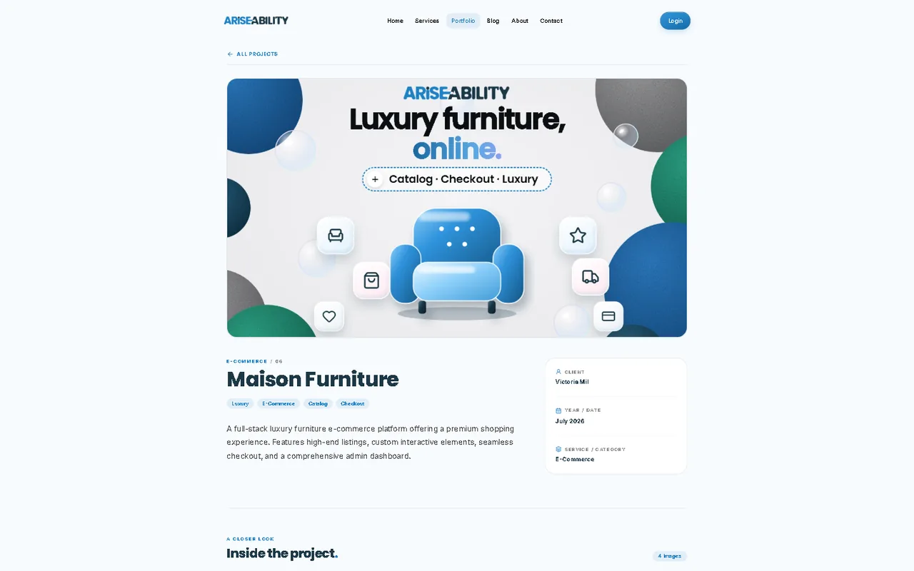 Maison Furniture e-commerce project page on the AriseAbility portfolio
