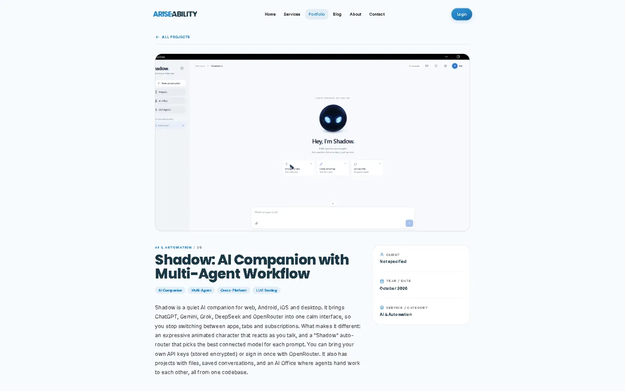 Shadow AI companion project page on the AriseAbility portfolio
