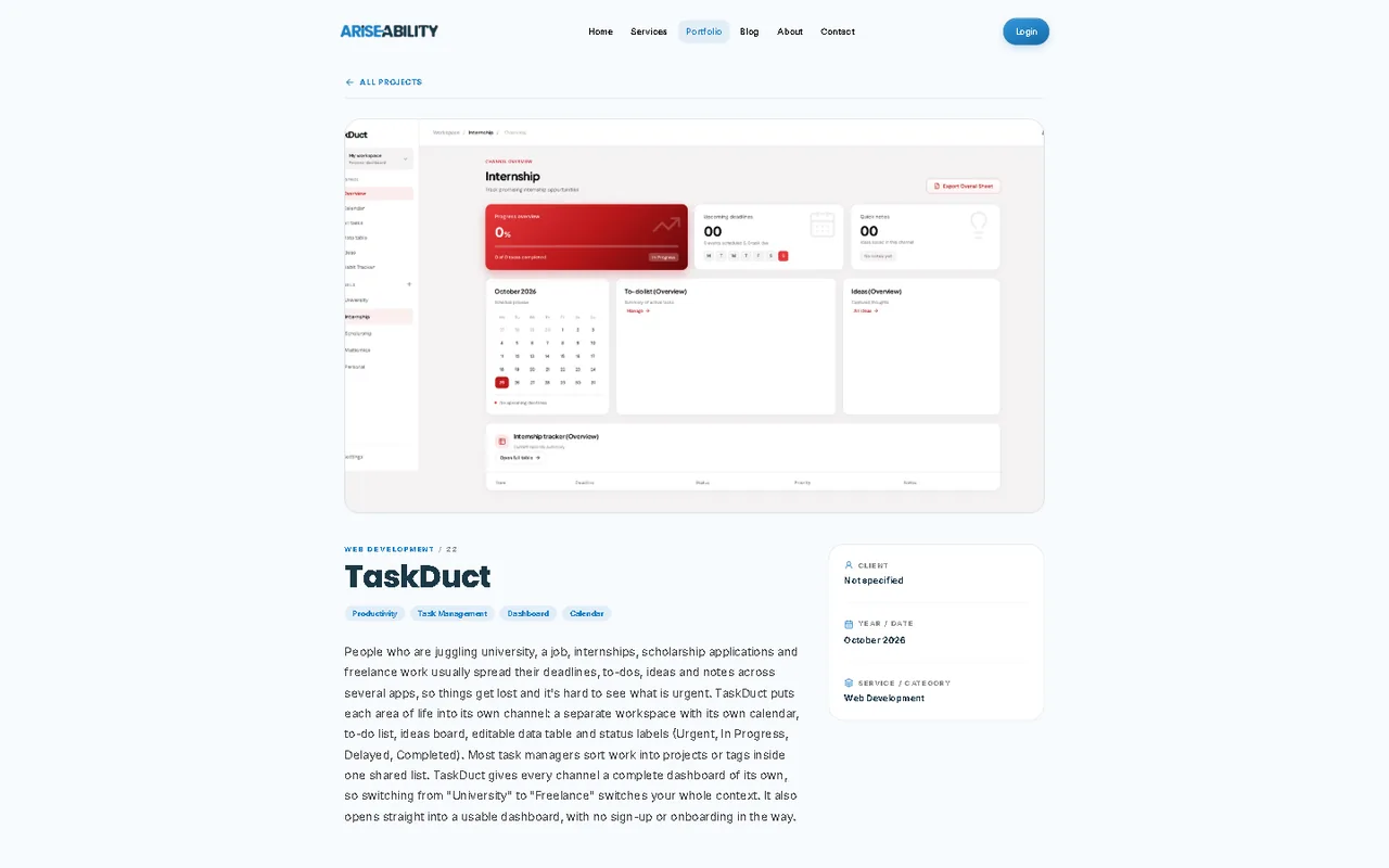 TaskDuct productivity dashboard on the AriseAbility portfolio